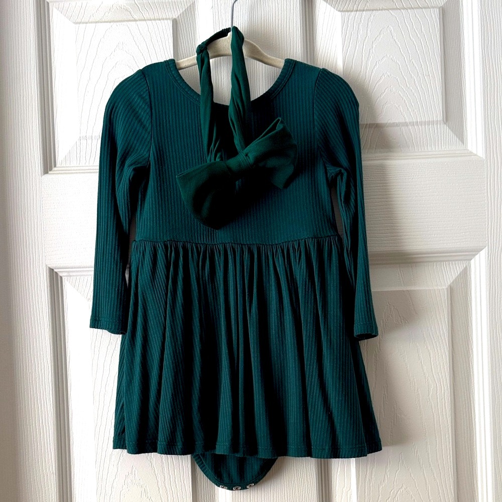Little Sleepies Emerald Ribbed Twirl Dress with Bodysuit & Matching bow
